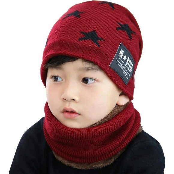 Kids Boys Girls Winter Warm Knit Beanie Hat Cap Neck Scarf Set with Fleece - Picture 5 of 6